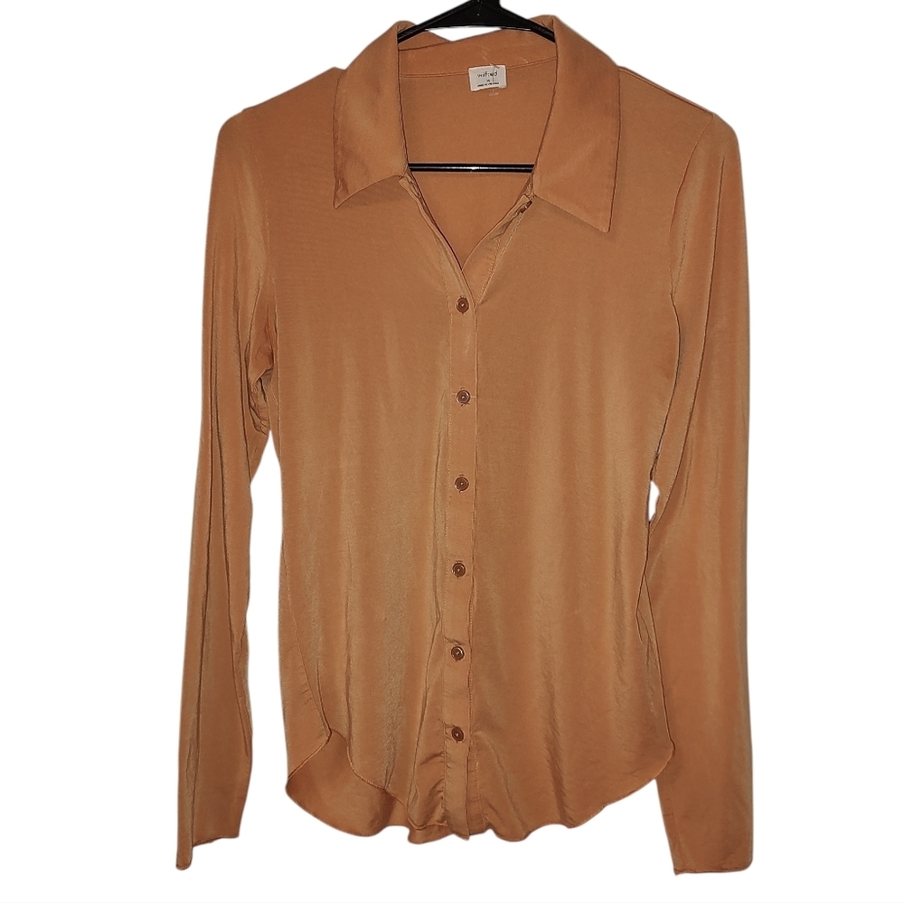 Aritzia Wilfred Mocha Moose/Terracotta Button Down Top - Picture 2 of 5